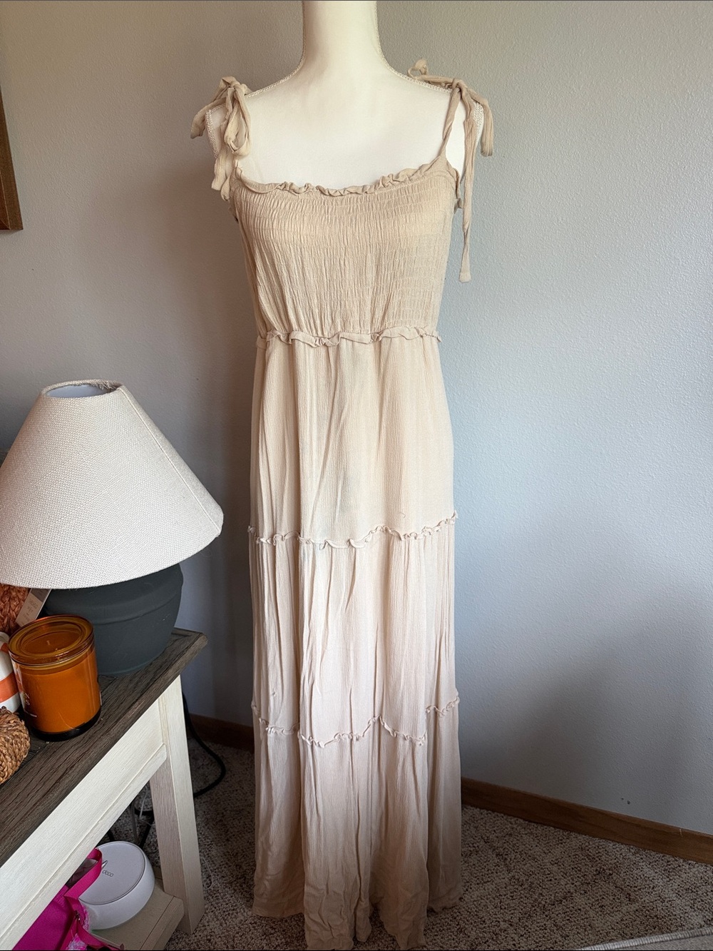 Tie-Shoulder Cream Maxi Dress with Tiered Skirt